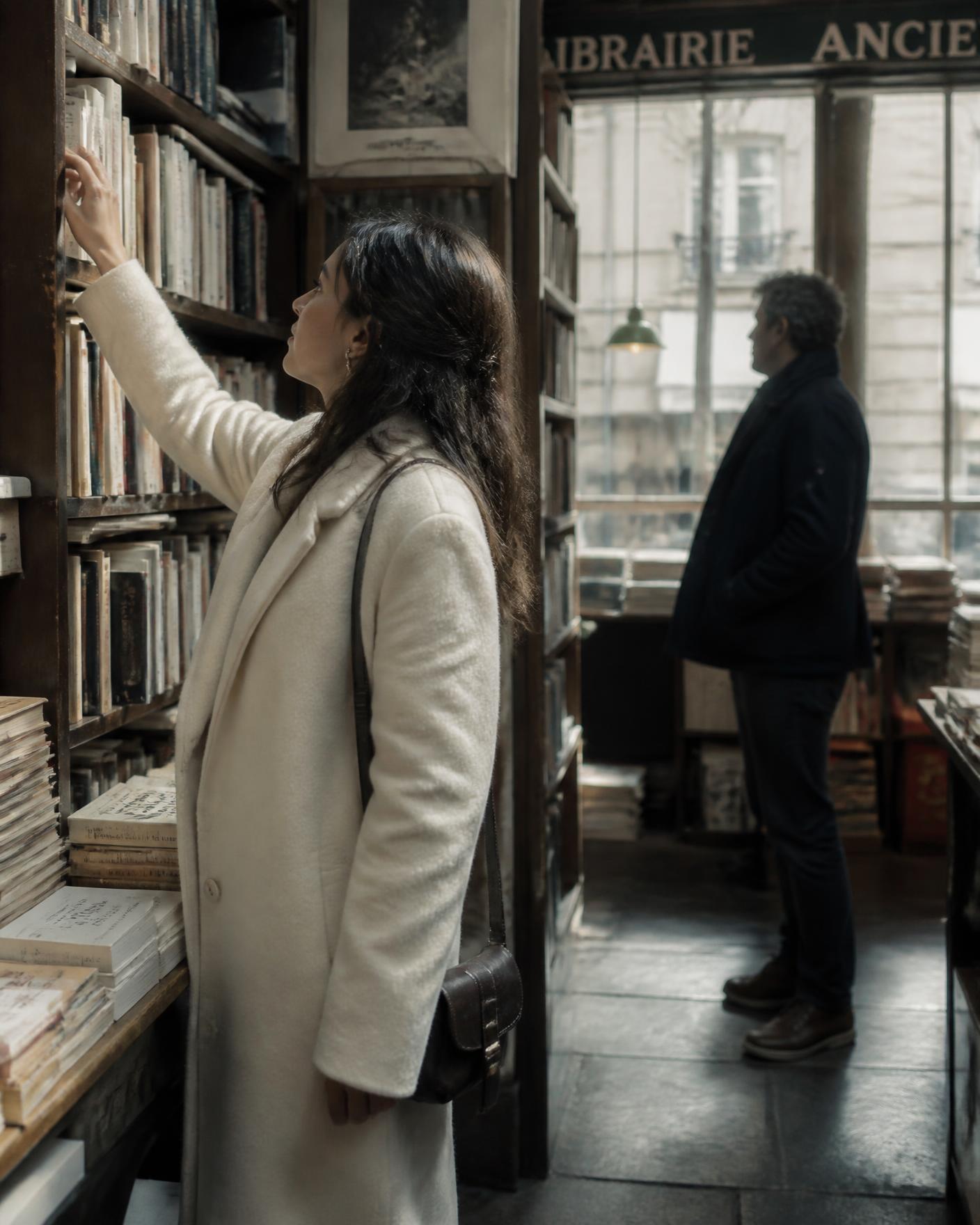 A woman reaching for a book in an old Paris bookshop while a man stands near the window