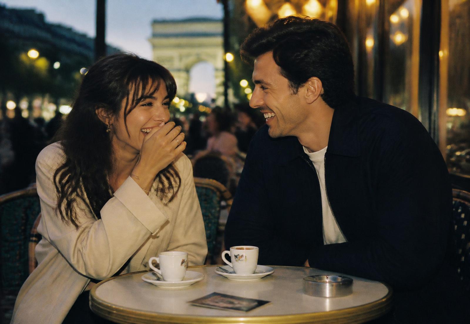 A couple laughing across a small café table in Paris at dusk