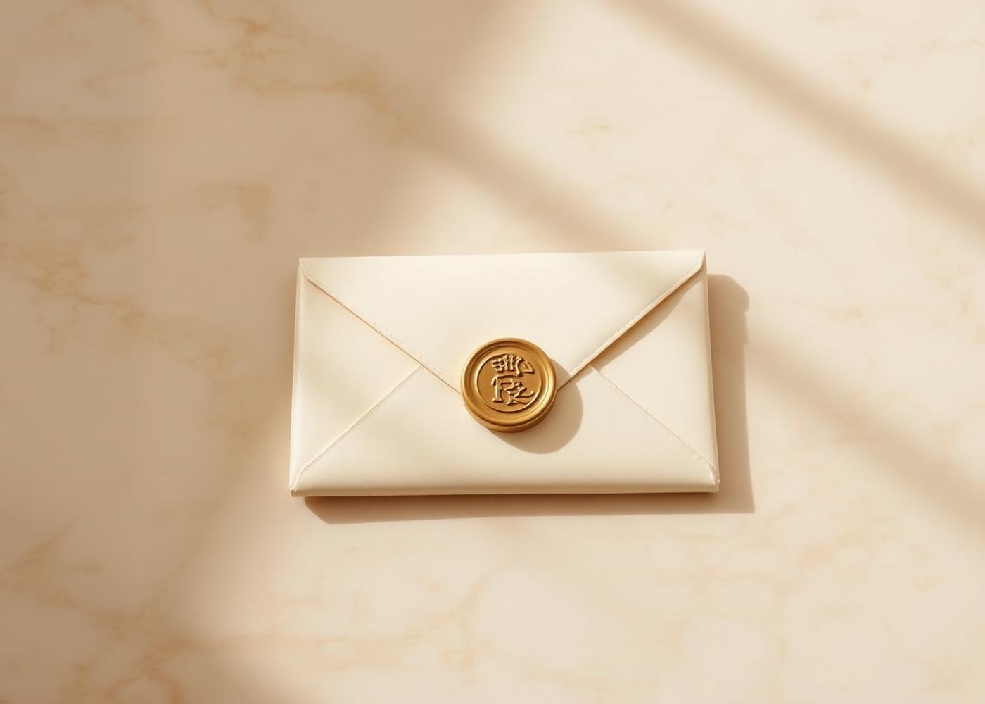 A gilded ivory envelope with a gold wax seal resting on marble