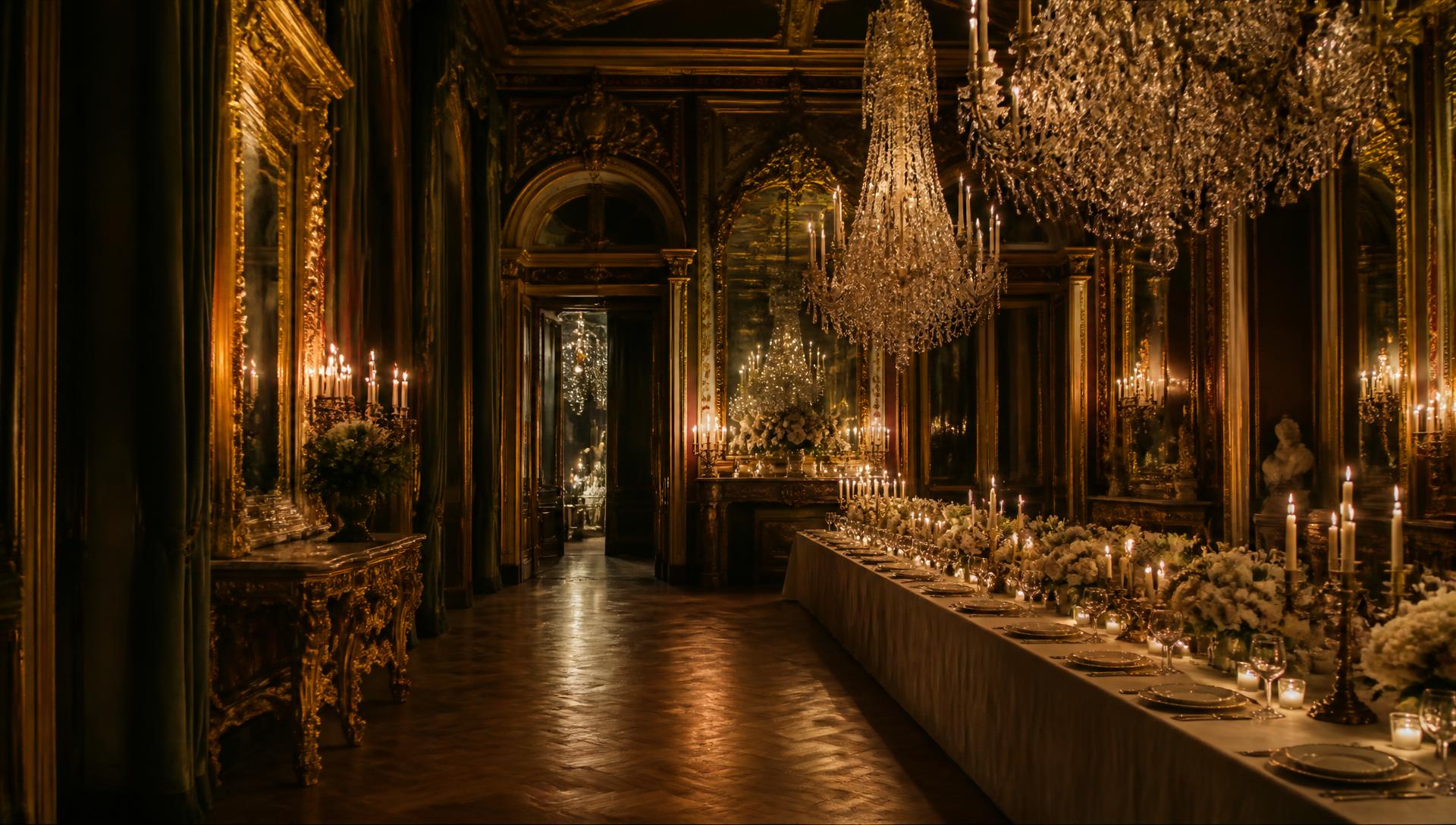 The candlelit grand hall of the château set for dinner