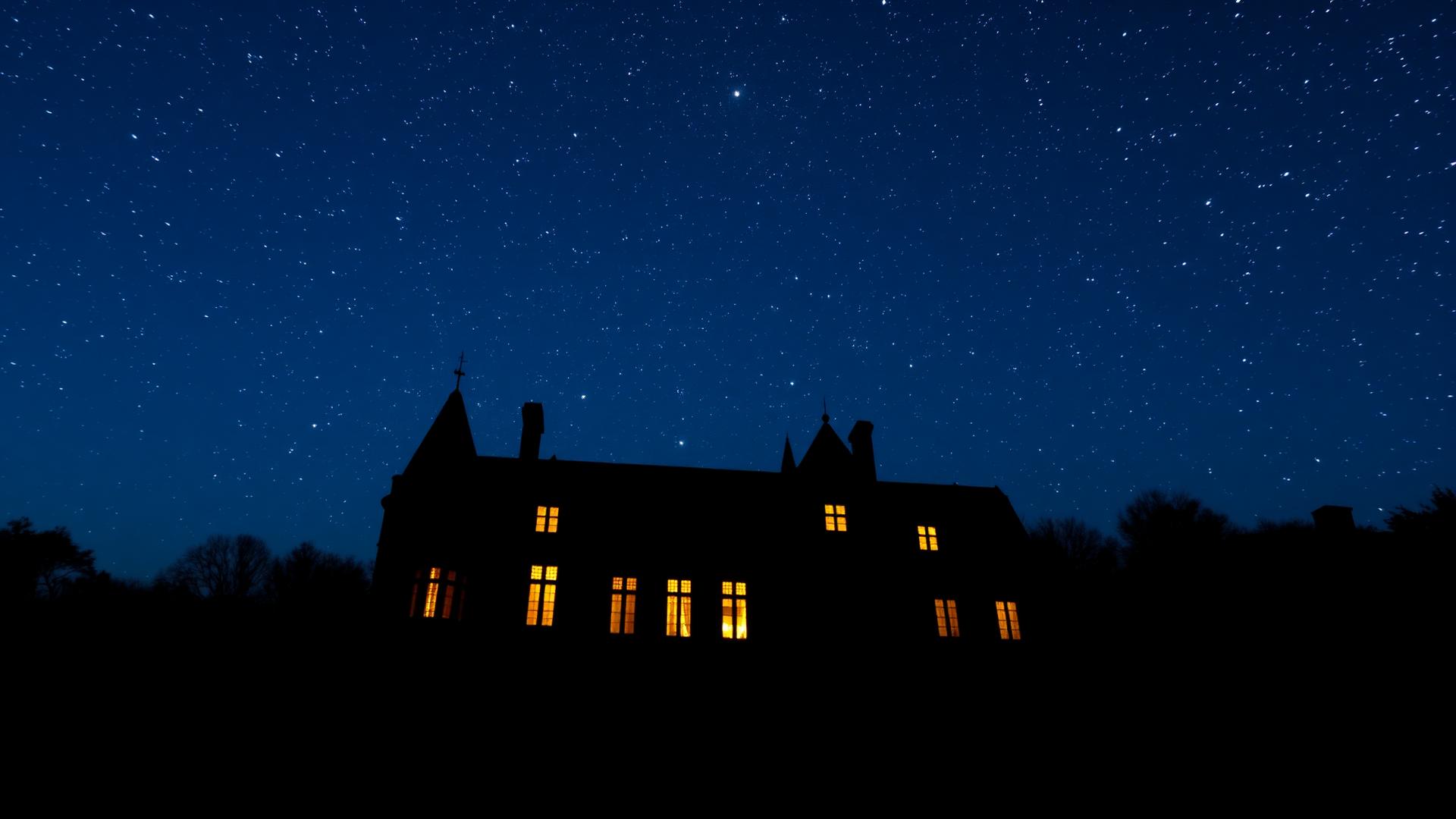 The château silhouetted beneath a sky of stars