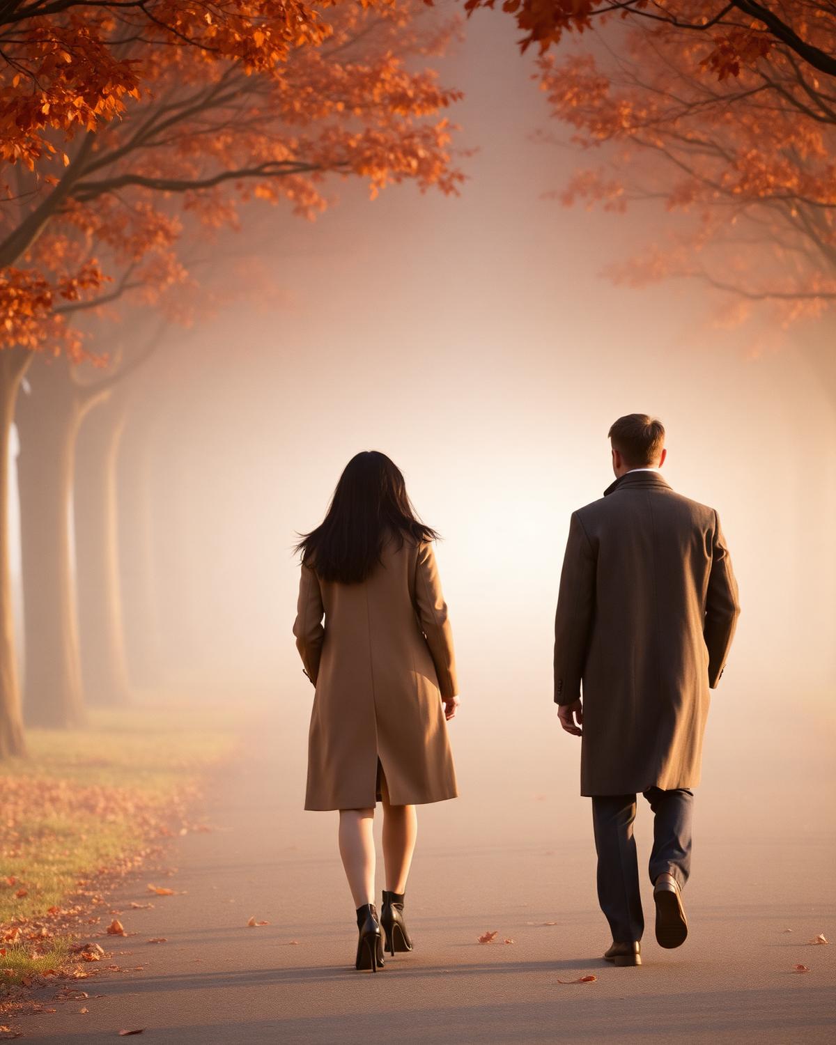 The couple walking a misty avenue of amber trees at low golden light
