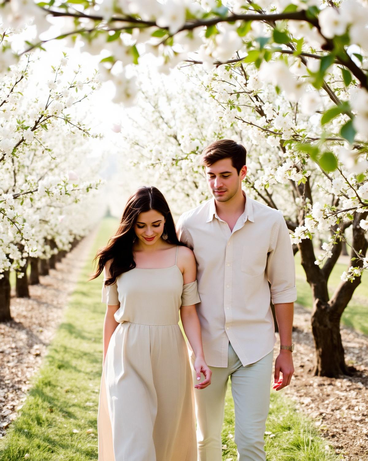 The couple walking through a blossoming orchard in soft morning light
