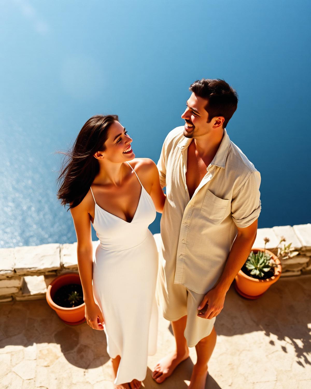 The couple laughing on a sunlit stone terrace above a deep blue sea
