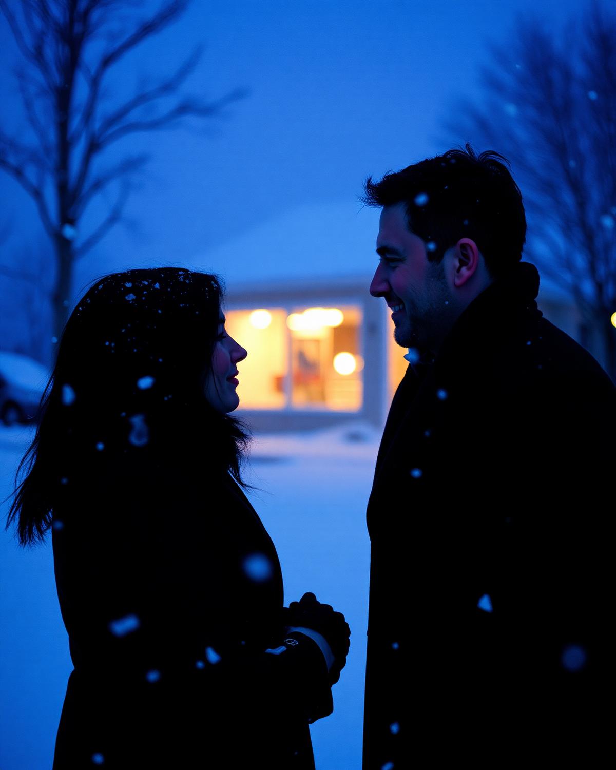 The couple standing close together in falling snow at blue hour